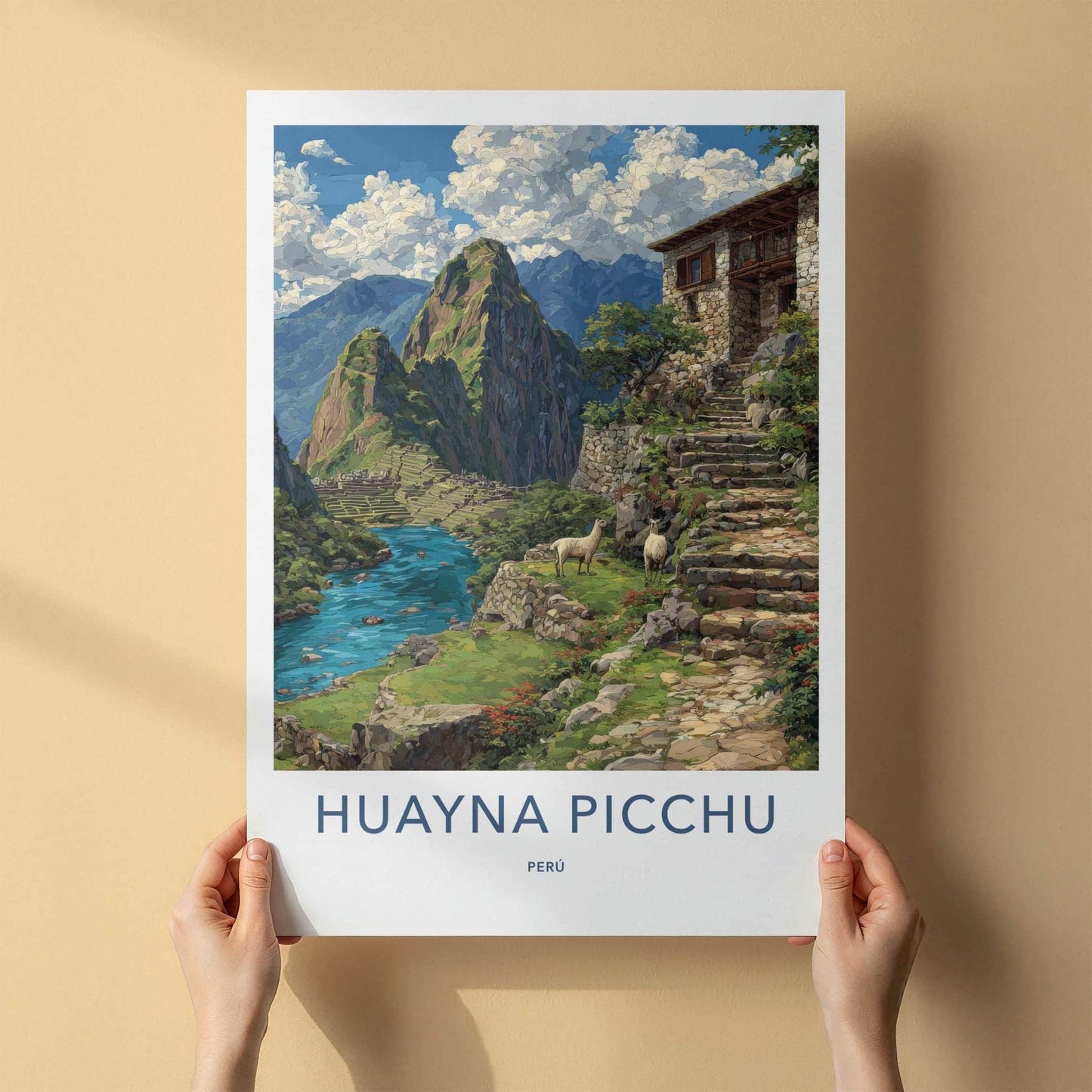 Huayna Picchu Poster - Peru Travel Art - Mountain River Llamas Home Decor