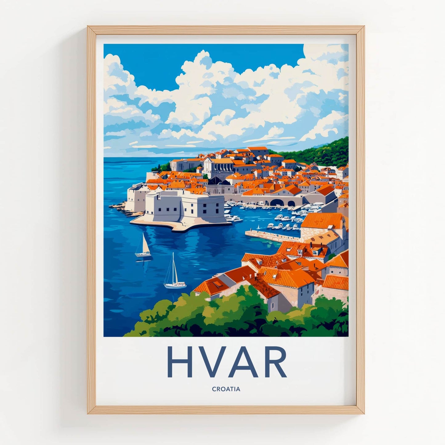 Hvar Poster - Croatia Travel Art - Coastal Town Boats Home Decor