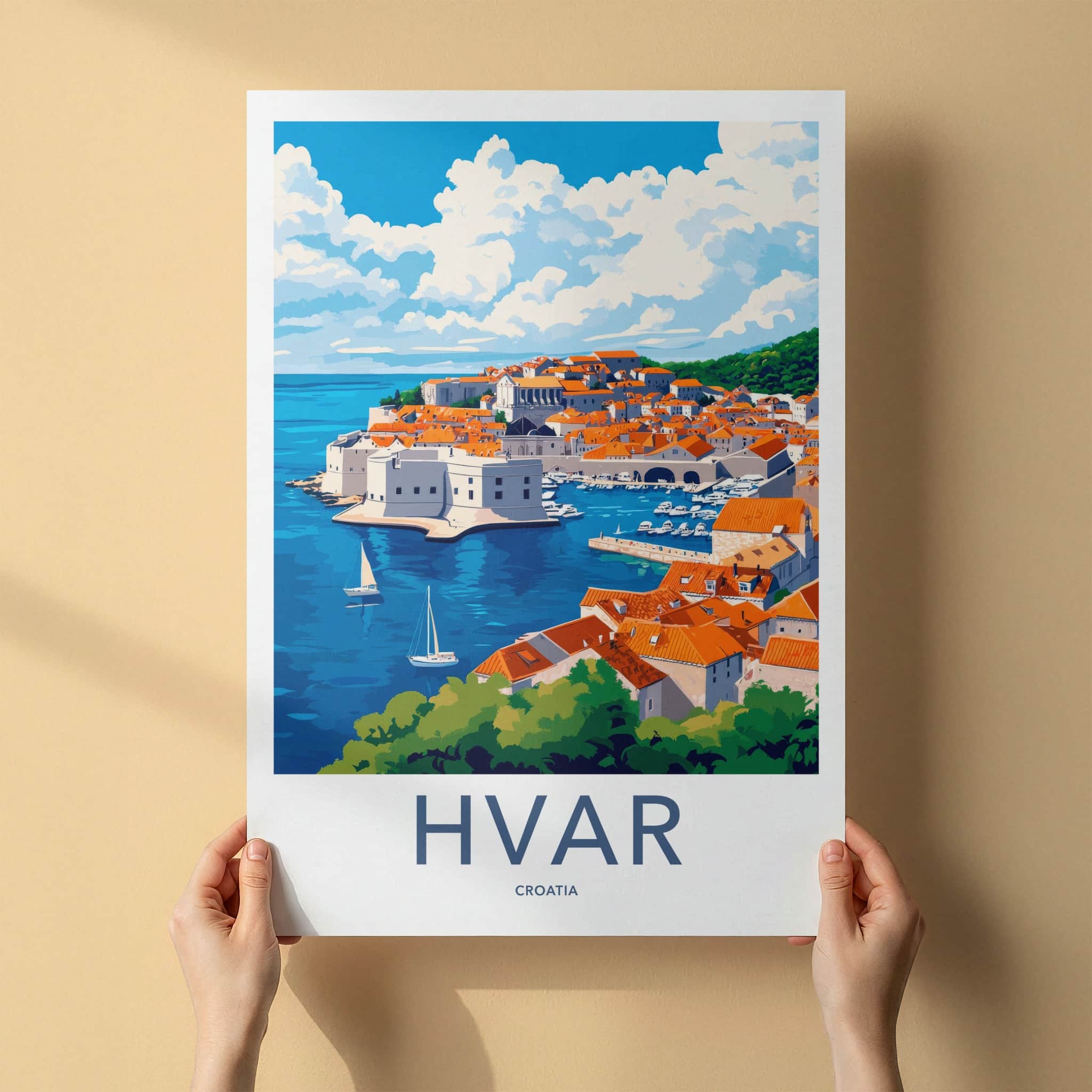Hvar Poster - Croatia Travel Art - Coastal Town Boats Home Decor