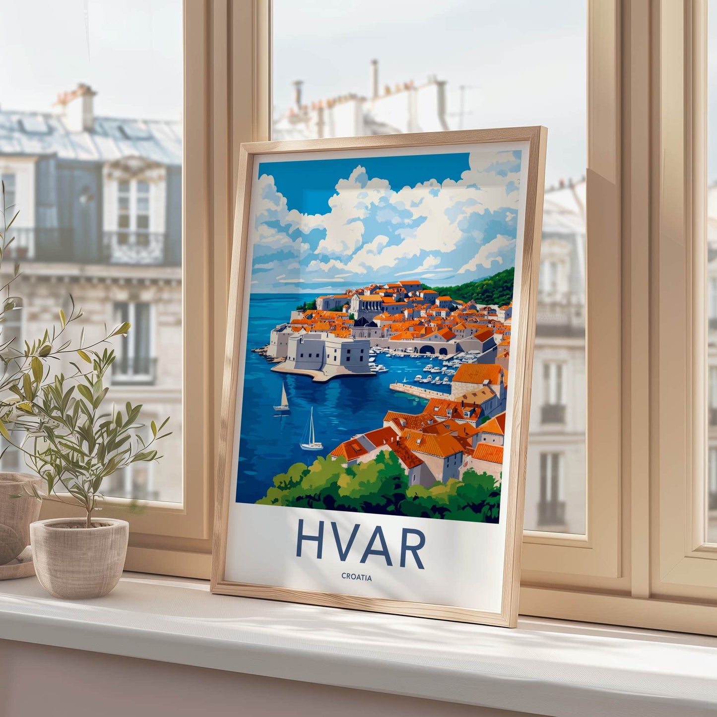 Hvar Poster - Croatia Travel Art - Coastal Town Boats Home Decor