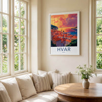 Hvar Poster - Croatia Travel Art - Vibrant Sunset Coastal Home Decor