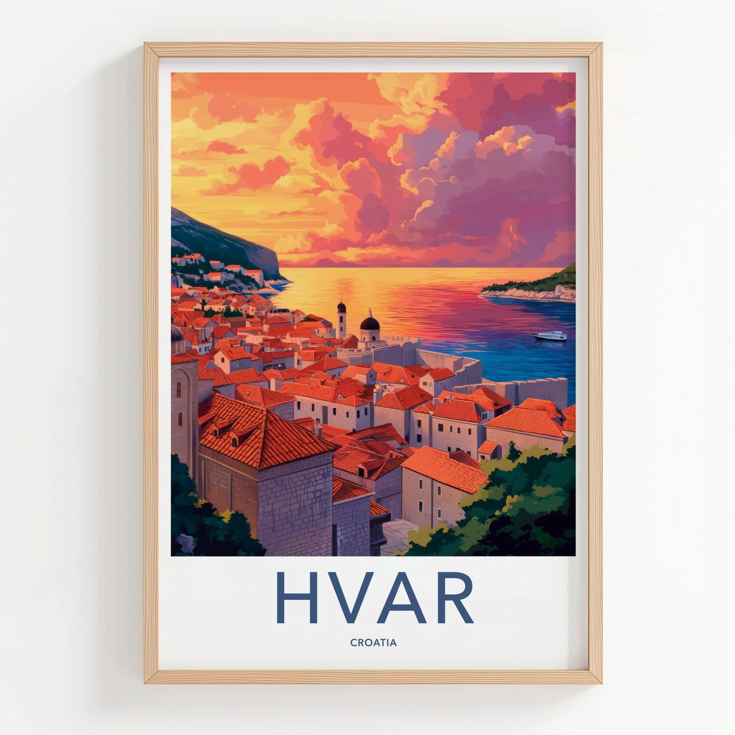 Hvar Poster - Croatia Travel Art - Vibrant Sunset Coastal Home Decor