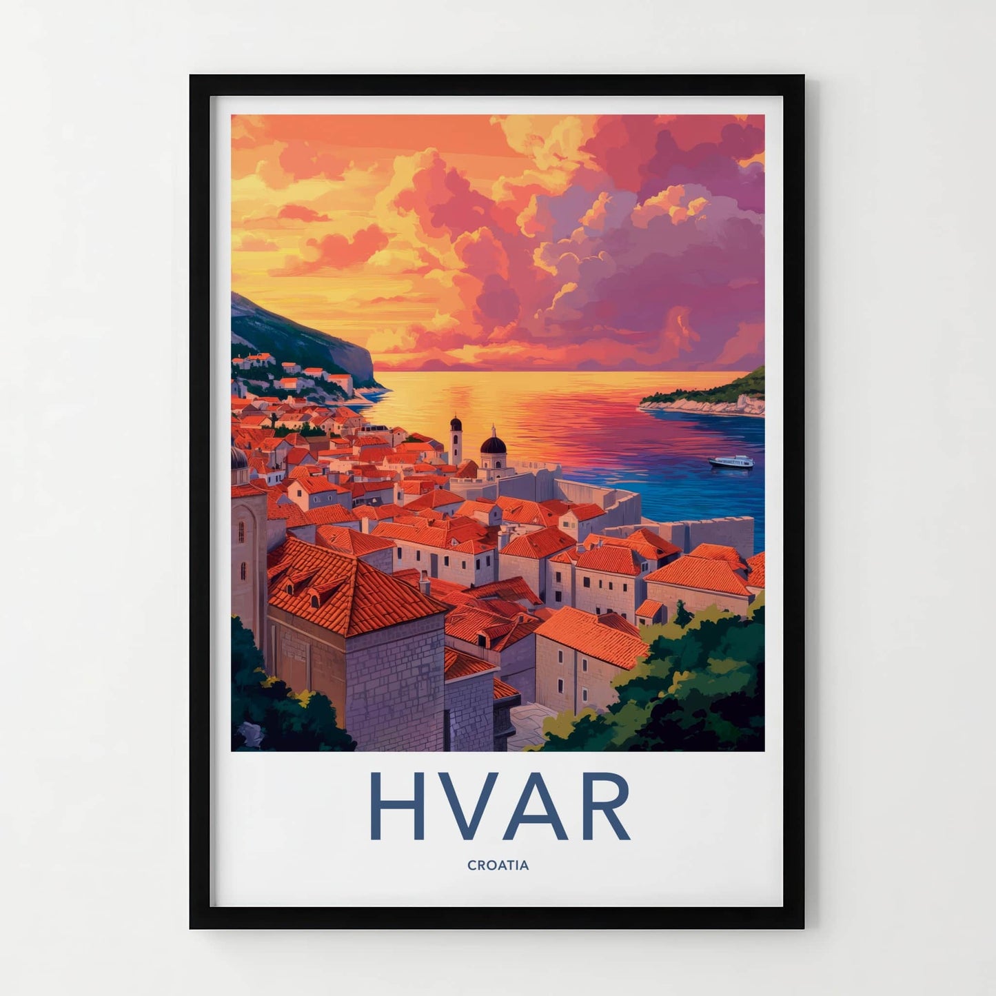Hvar Poster - Croatia Travel Art - Vibrant Sunset Coastal Home Decor