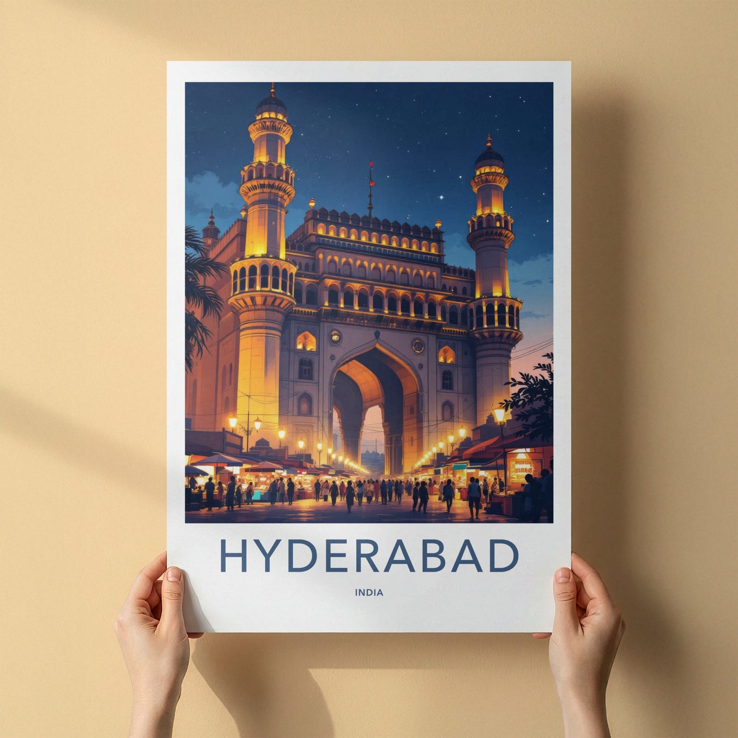 Hyderabad Poster - India Travel Art - Telangana Charminar Night Home Decor
