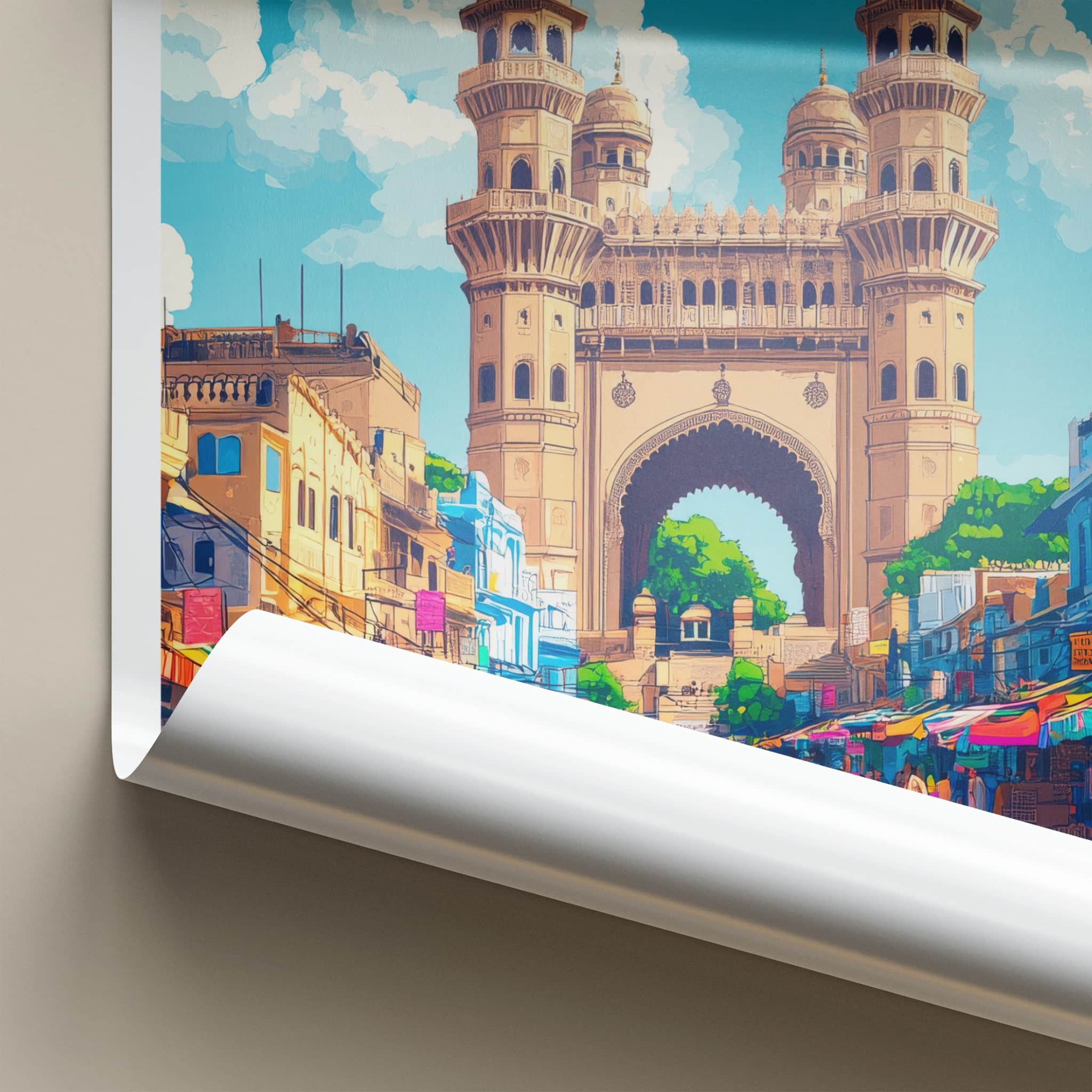 Hyderabad Poster - India Travel Art - Telangana Charminar Street Market Home Decor