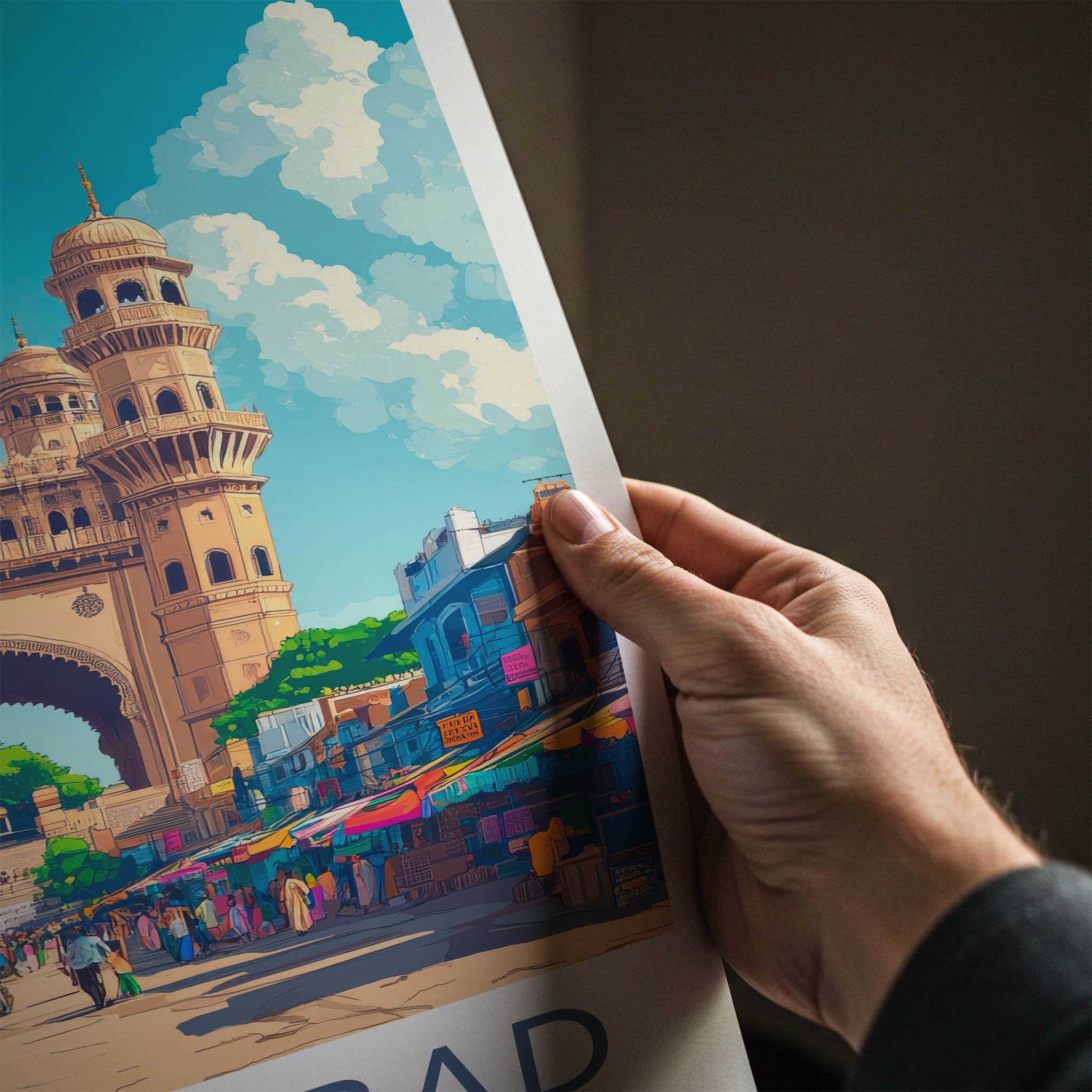 Hyderabad Poster - India Travel Art - Telangana Charminar Street Market Home Decor