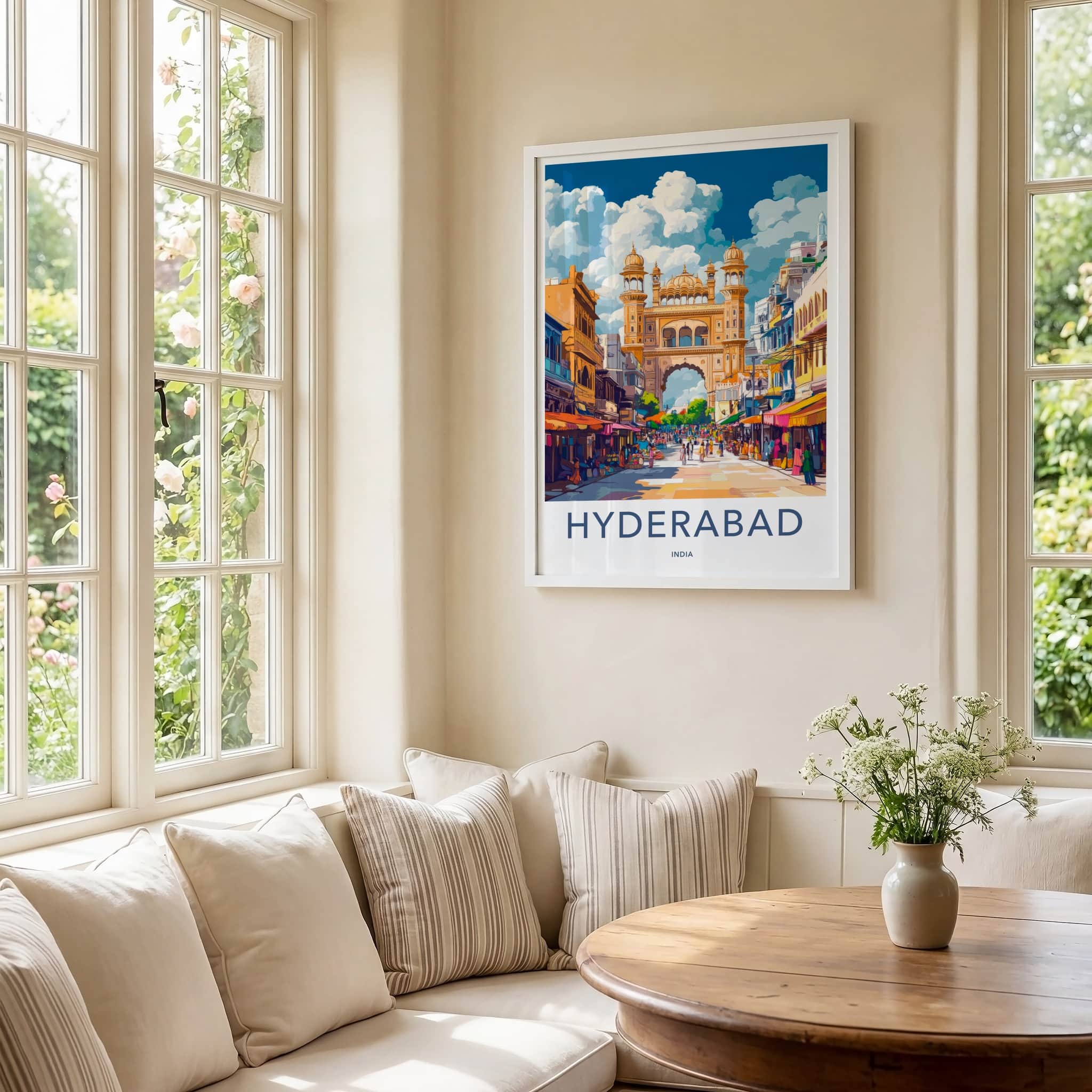 Hyderabad Poster - India Travel Art - Telangana Golden Archway Market Wall Decor