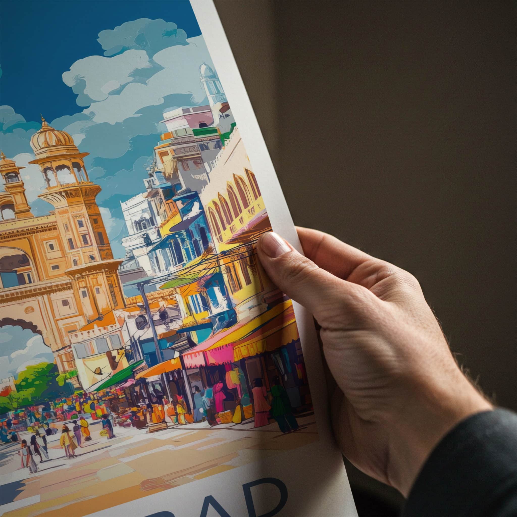 Hyderabad Poster - India Travel Art - Telangana Golden Archway Market Wall Decor