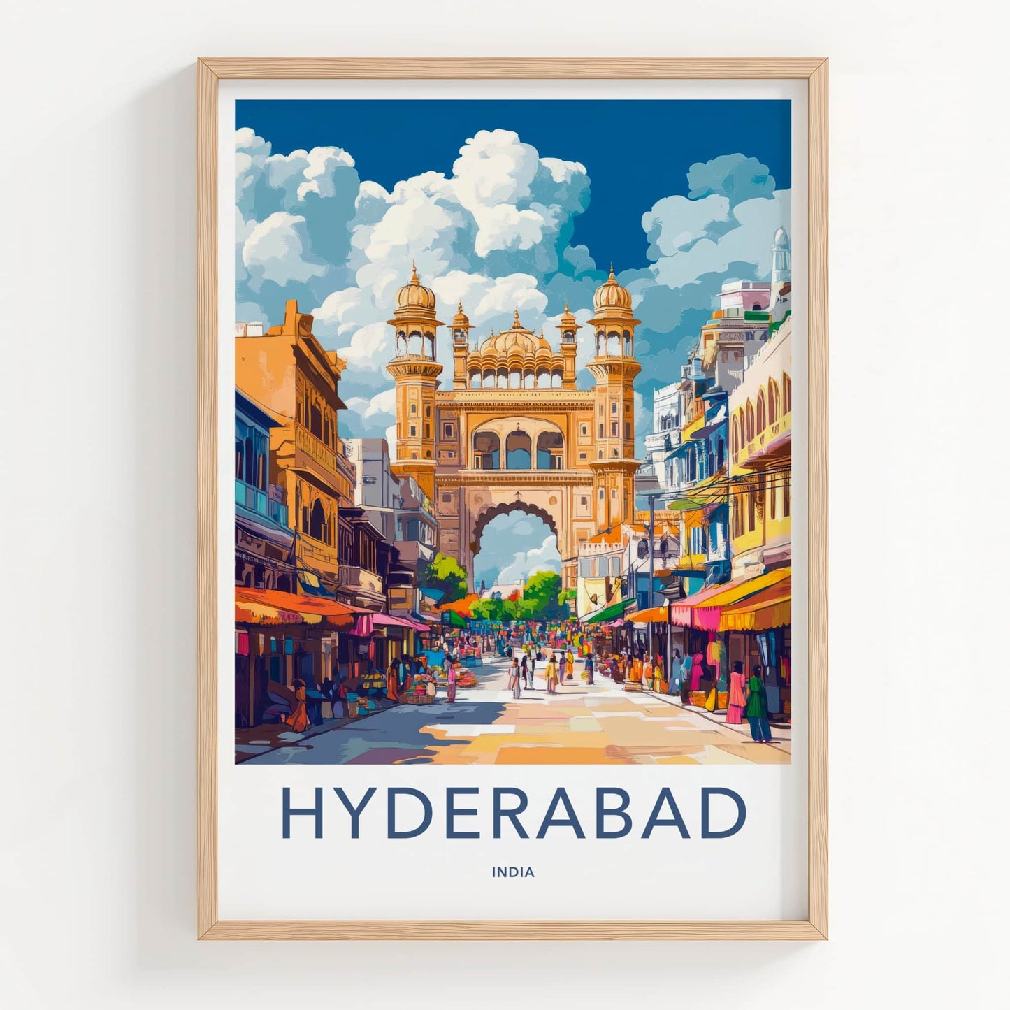 Hyderabad Poster - India Travel Art - Telangana Golden Archway Market Wall Decor