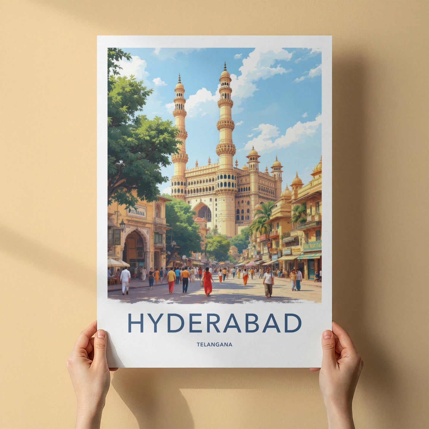 Hyderabad Poster - India Travel Art - Telangana Minaret Market Home Decor