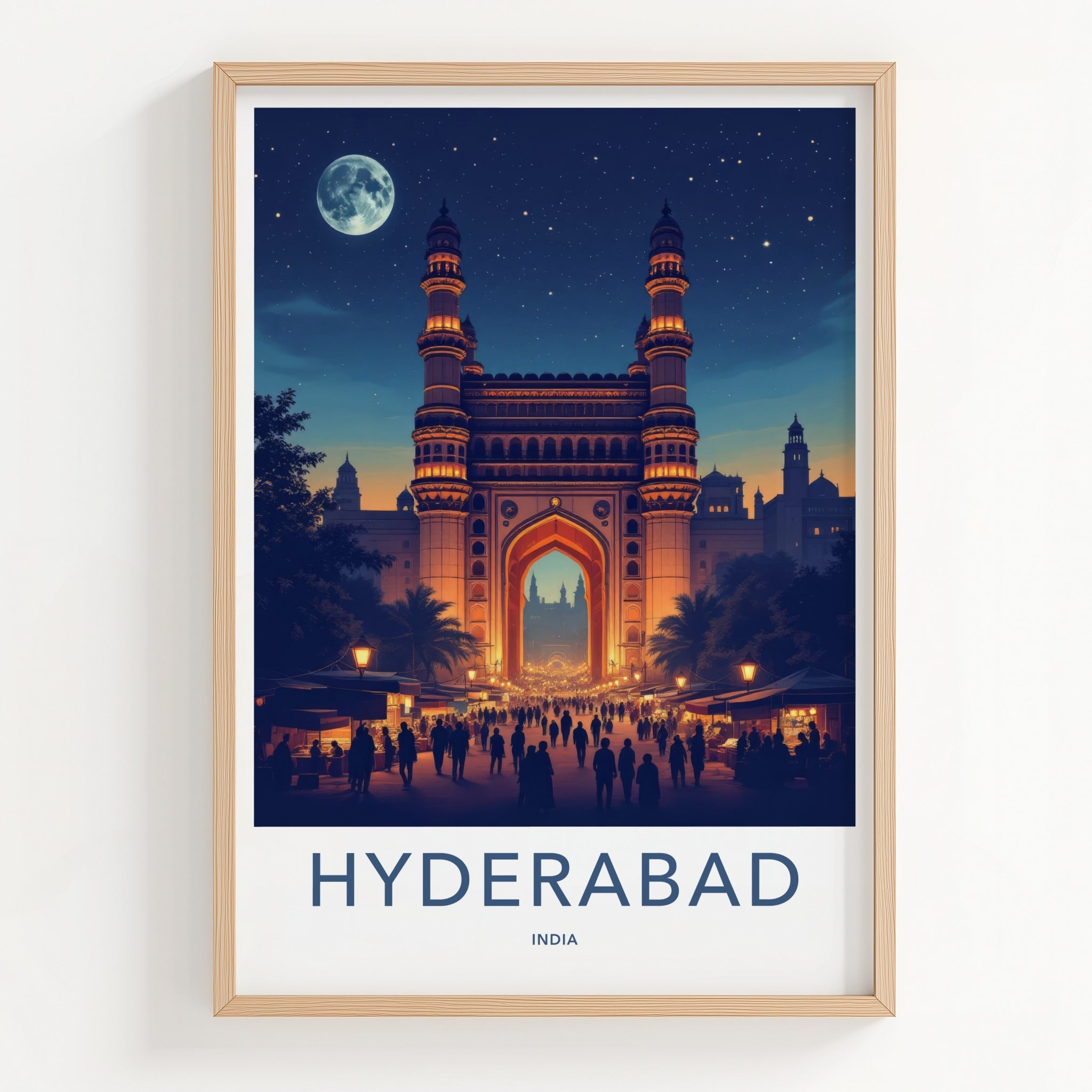 Hyderabad Poster - India Wall Art - Telangana Charminar Full Moon Home Decor