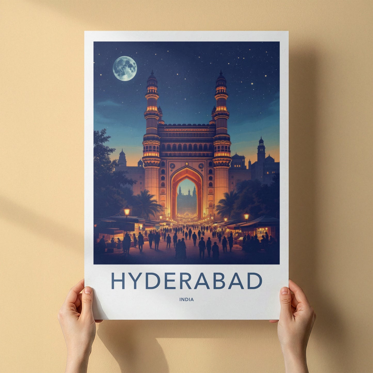 Hyderabad Poster - India Wall Art - Telangana Charminar Full Moon Home Decor