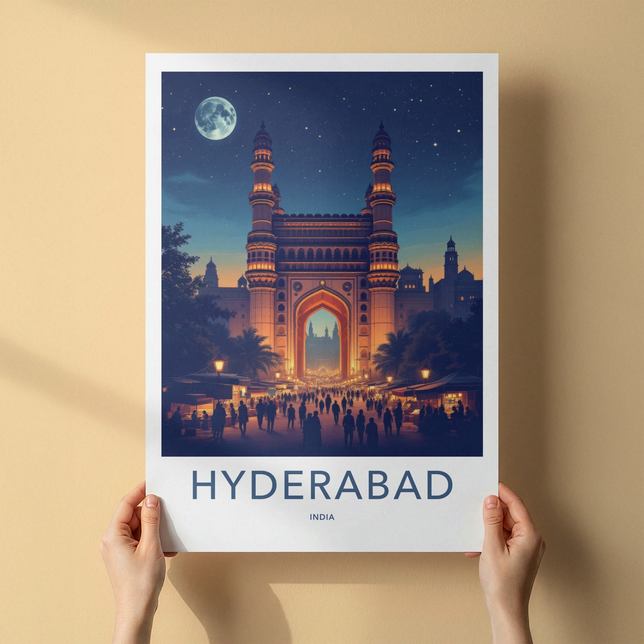 Hyderabad Poster - India Wall Art - Telangana Charminar Full Moon Home Decor