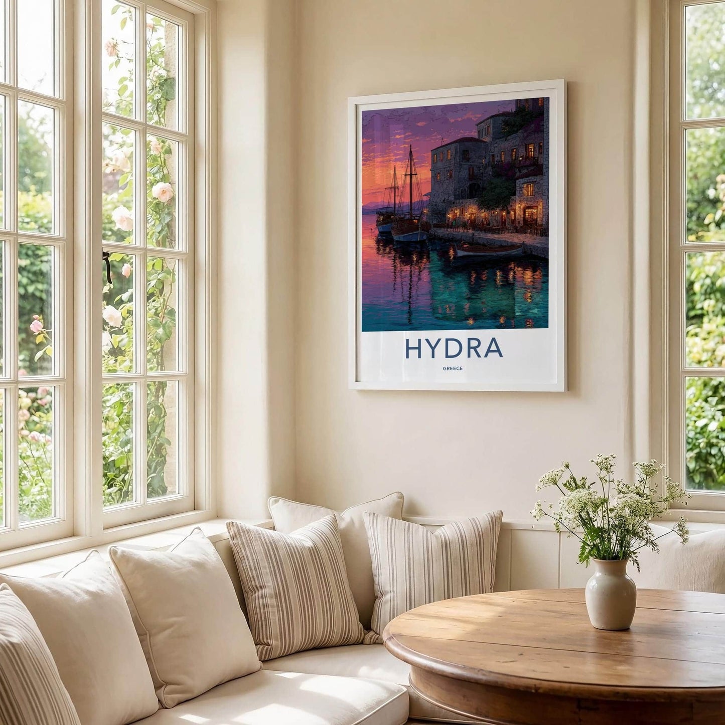 Hydra Poster - Greece Travel Art - Colorful Sunset Harbor Home Decor