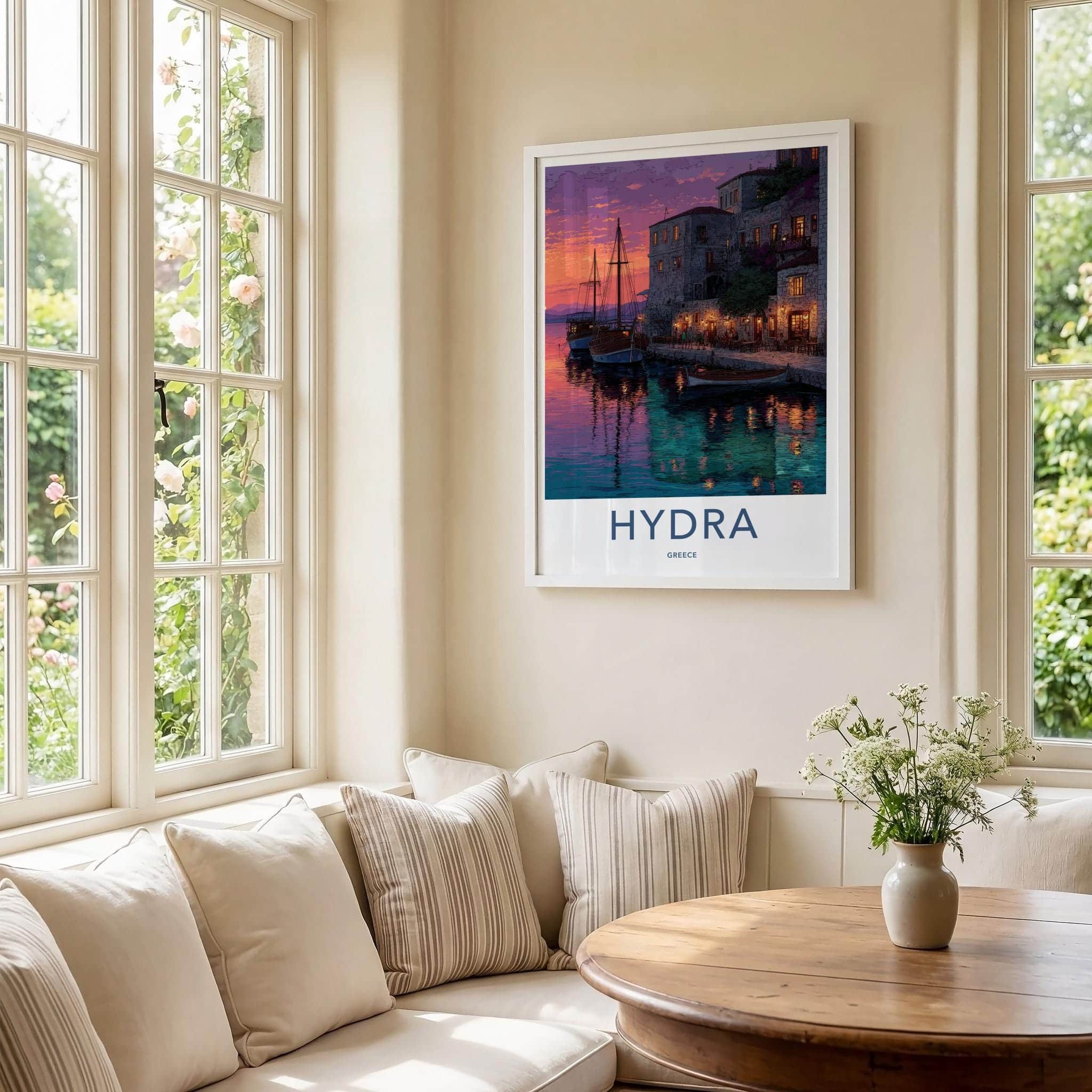 Hydra Poster - Greece Travel Art - Colorful Sunset Harbor Home Decor