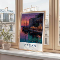 Hydra Poster - Greece Travel Art - Colorful Sunset Harbor Home Decor