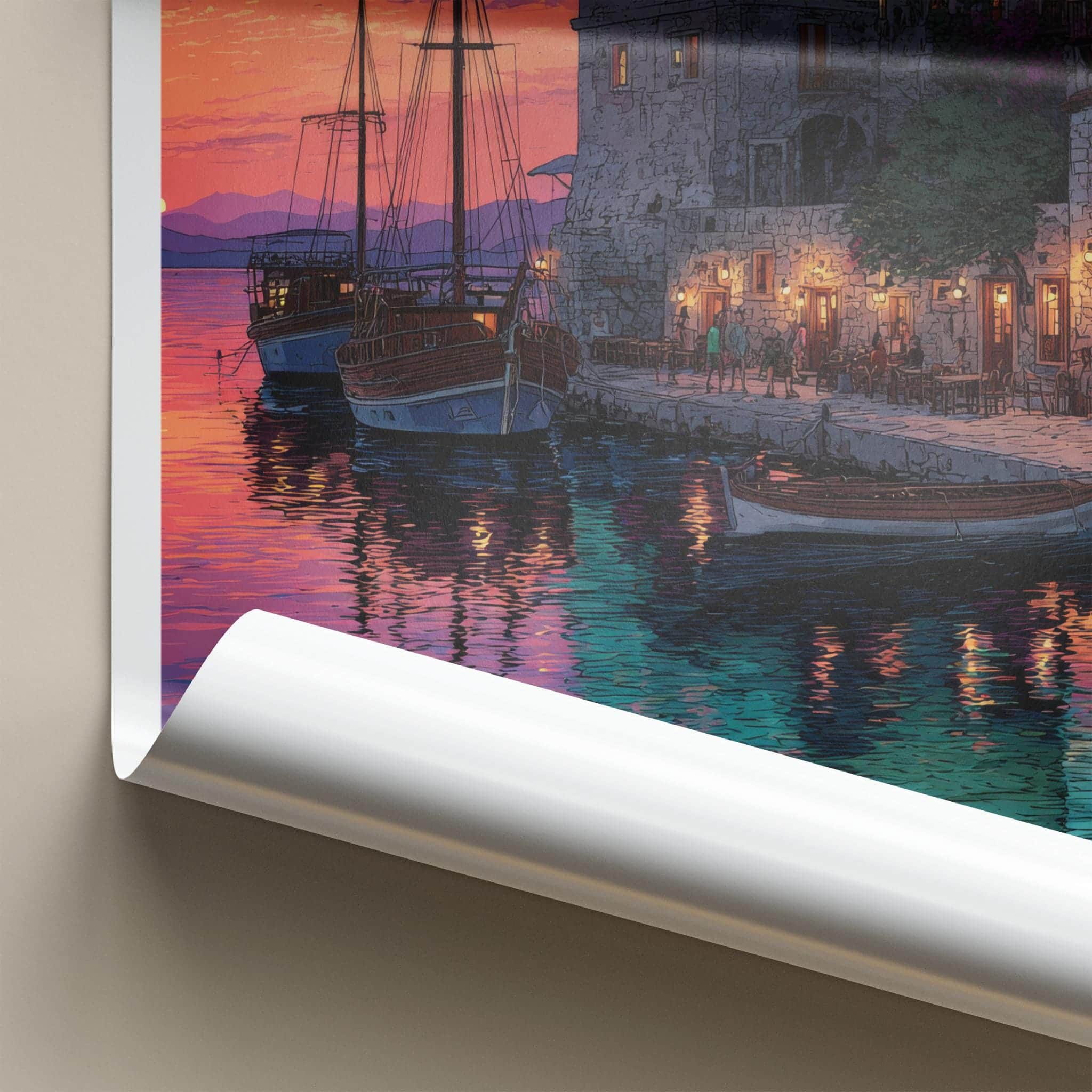 Hydra Poster - Greece Travel Art - Colorful Sunset Harbor Home Decor
