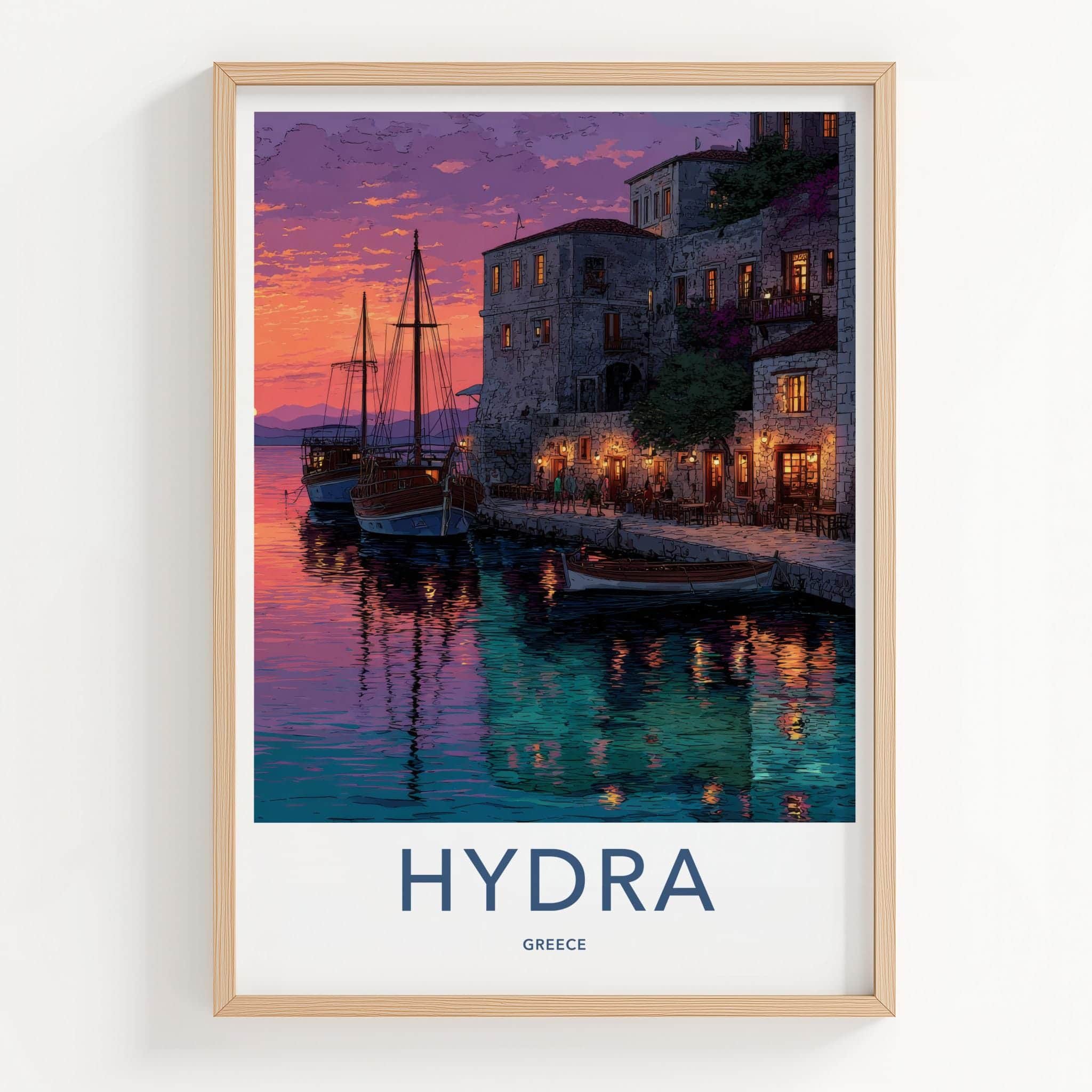 Hydra Poster - Greece Travel Art - Colorful Sunset Harbor Home Decor