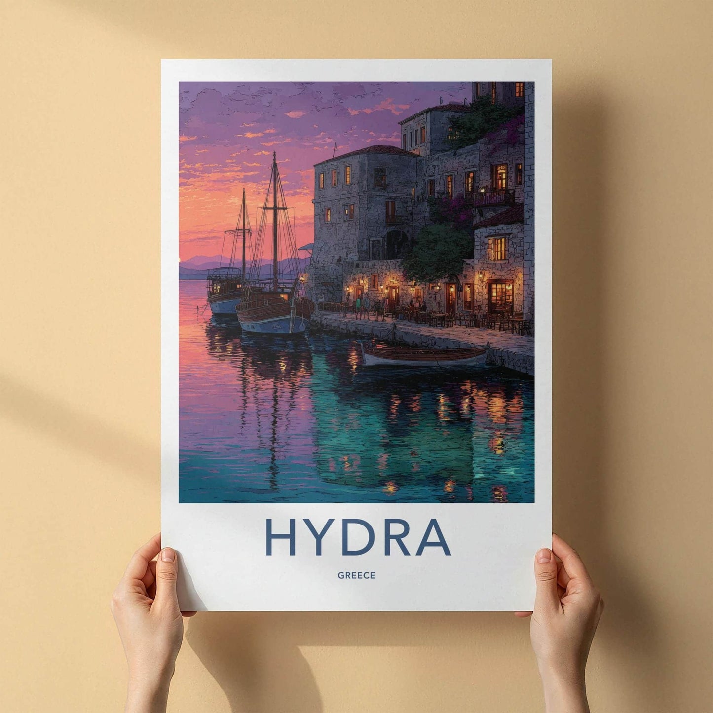 Hydra Poster - Greece Travel Art - Colorful Sunset Harbor Home Decor