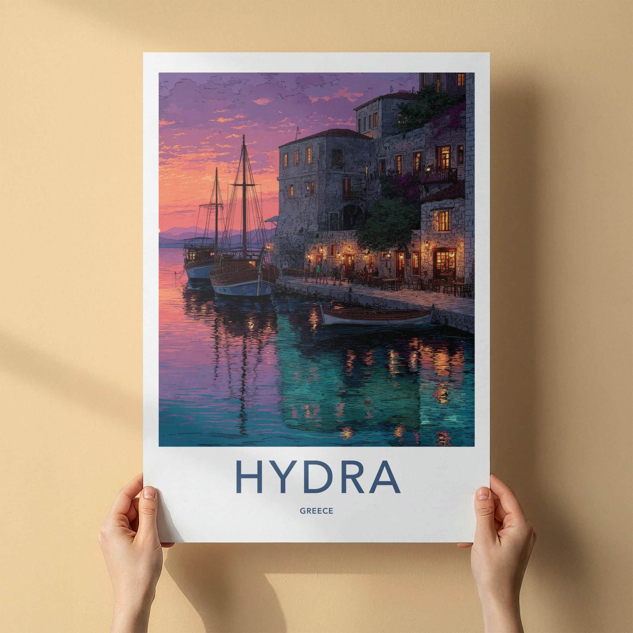 Hydra Poster - Greece Travel Art - Colorful Sunset Harbor Home Decor