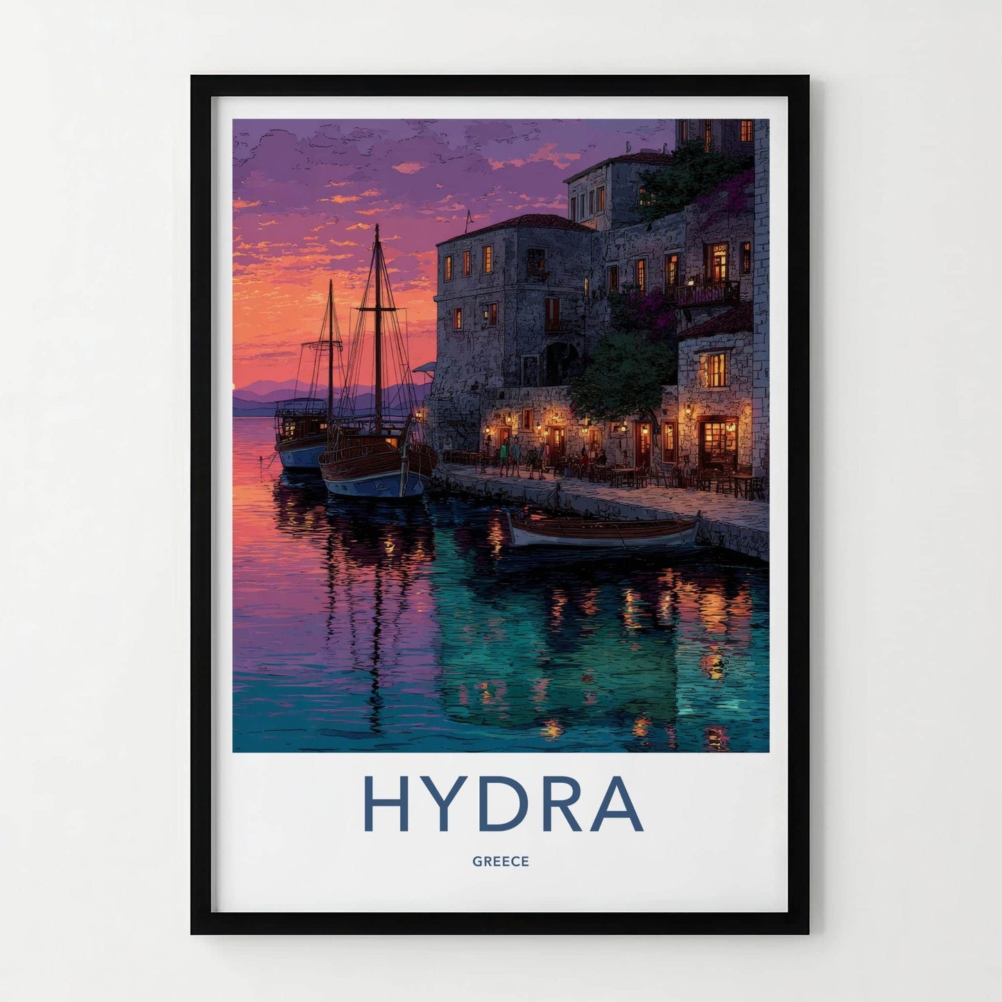 Hydra Poster - Greece Travel Art - Colorful Sunset Harbor Home Decor
