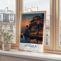 Hydra Poster - Greece Travel Art - Waterfront Village Lights Home Decor
