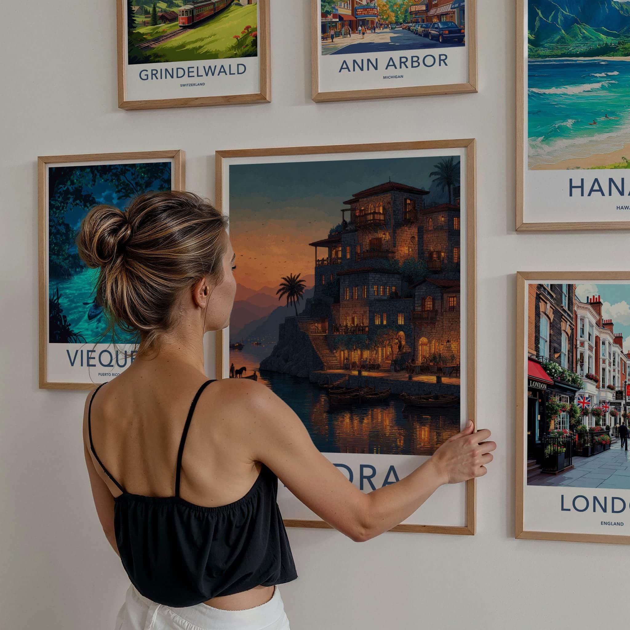 Hydra Poster - Greece Travel Art - Waterfront Village Lights Home Decor