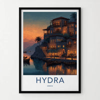 Hydra Poster - Greece Travel Art - Waterfront Village Lights Home Decor