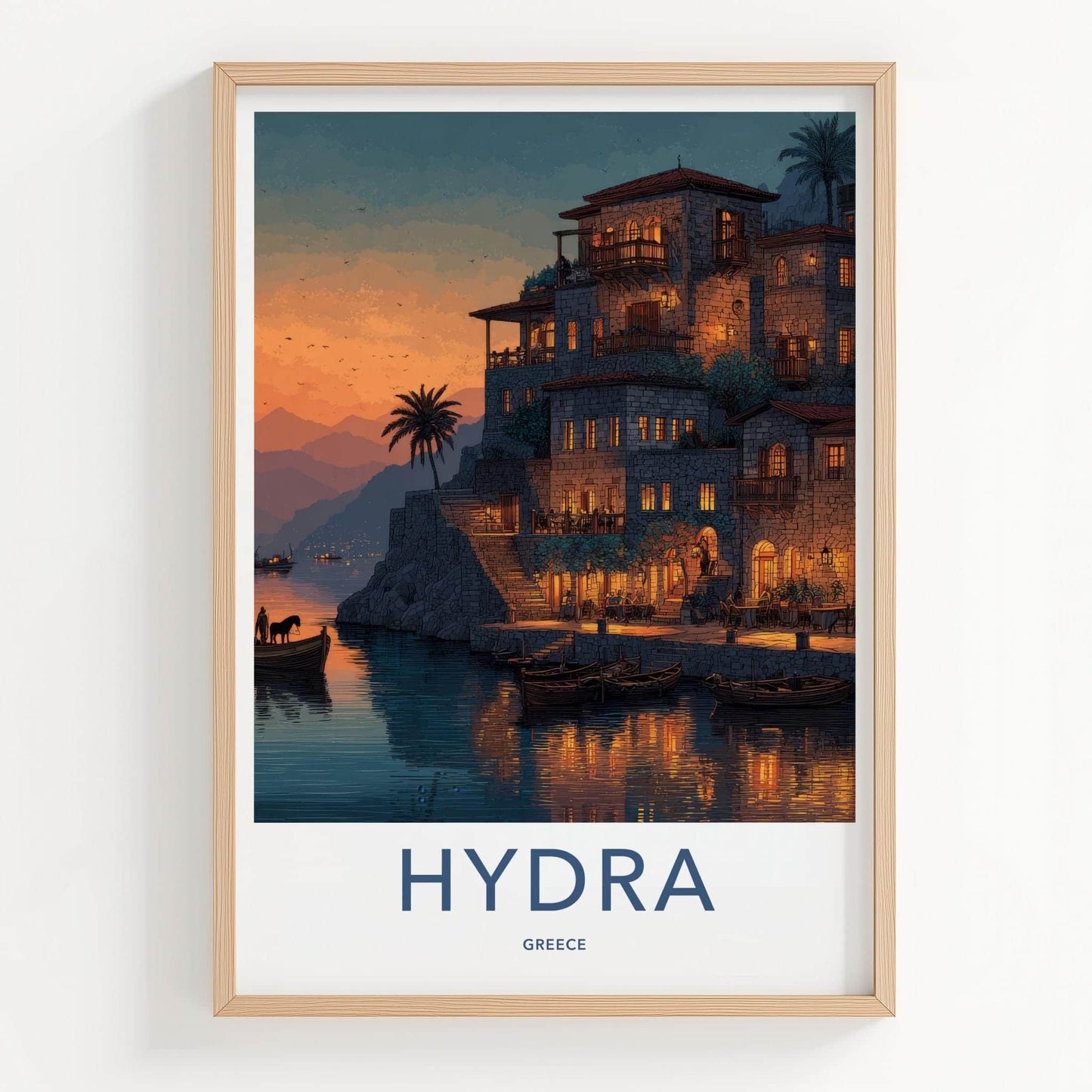 Hydra Poster - Greece Travel Art - Waterfront Village Lights Home Decor