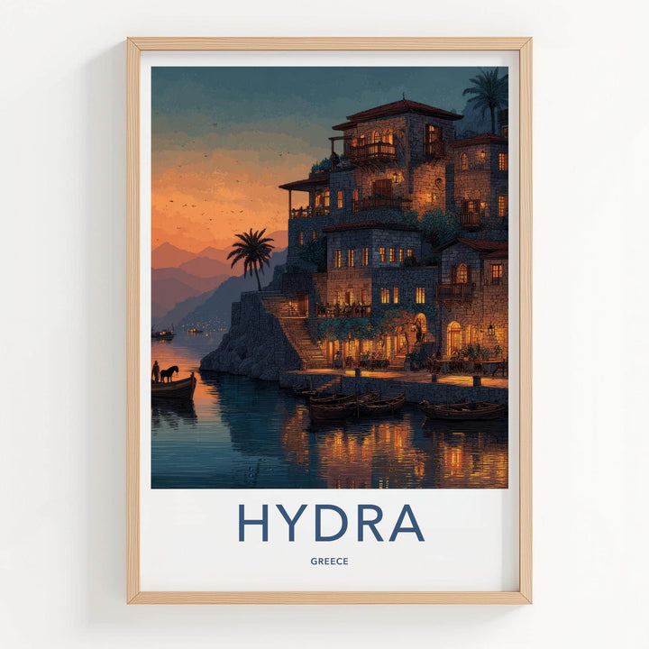 Hydra Poster - Greece Travel Art - Waterfront Village Lights Home Decor