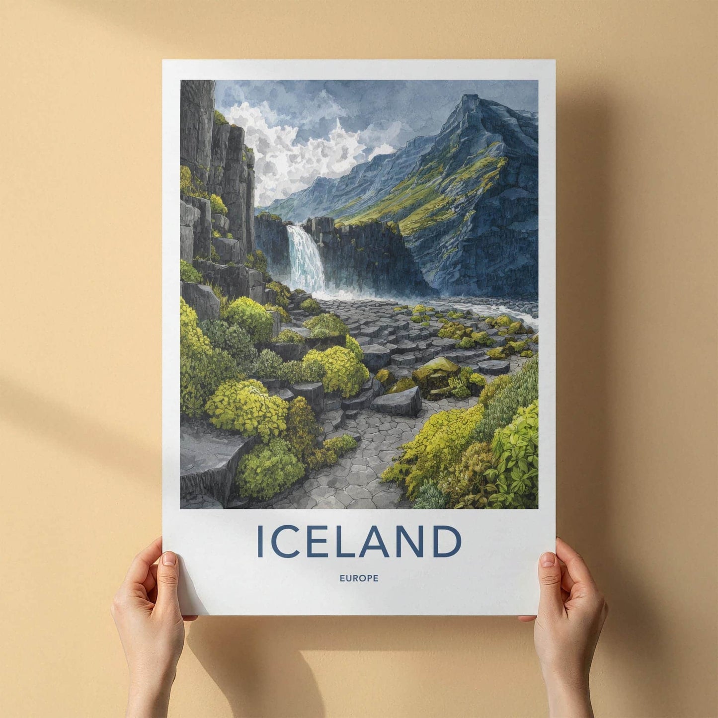 Iceland Poster - Iceland Travel Art - Basalt Column Waterfall Wall Decor