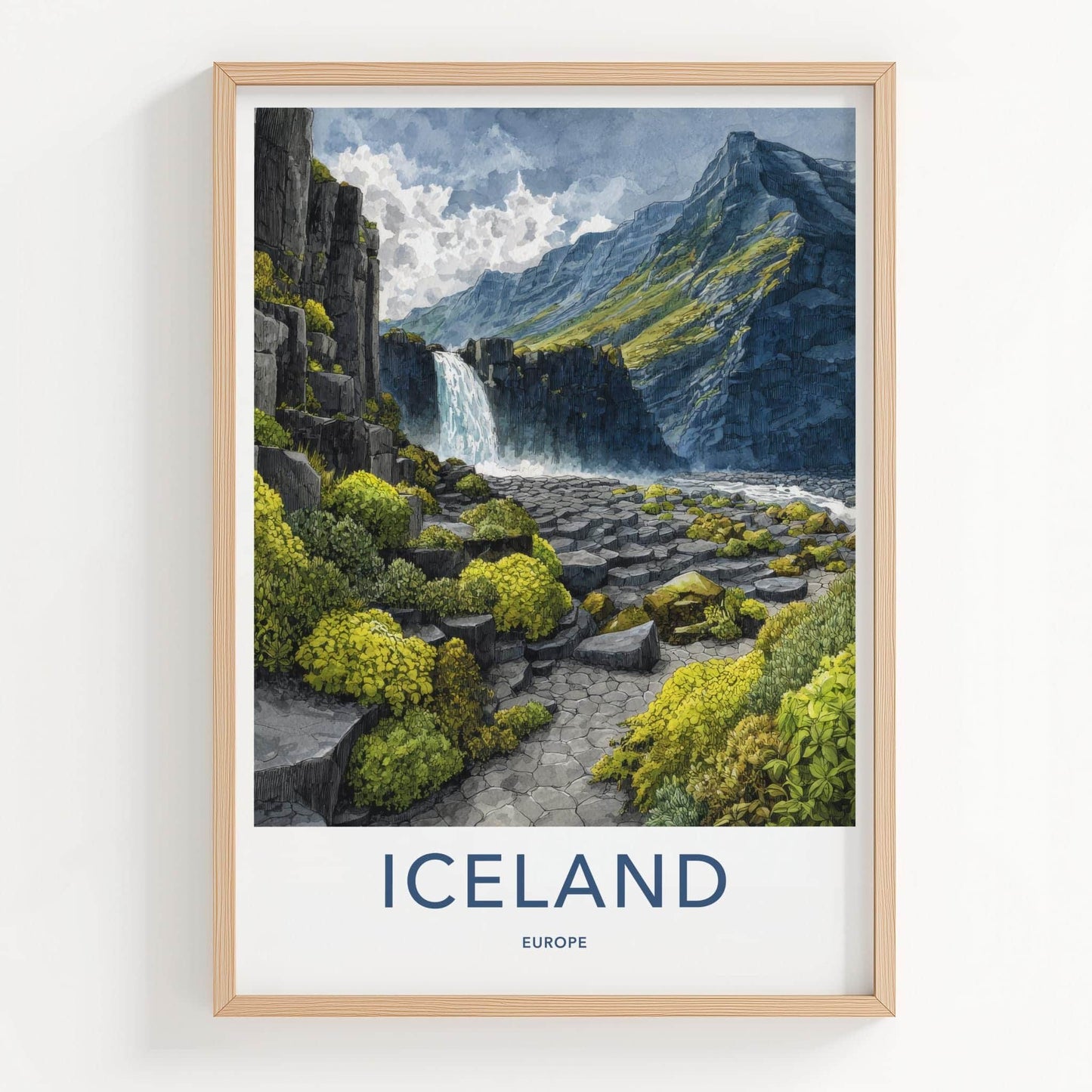 Iceland Poster - Iceland Travel Art - Basalt Column Waterfall Wall Decor