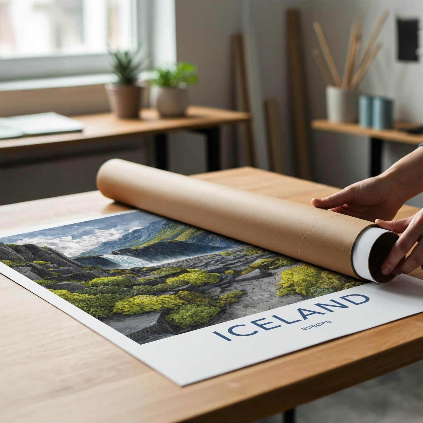 Iceland Poster - Iceland Travel Art - Basalt Column Waterfall Wall Decor
