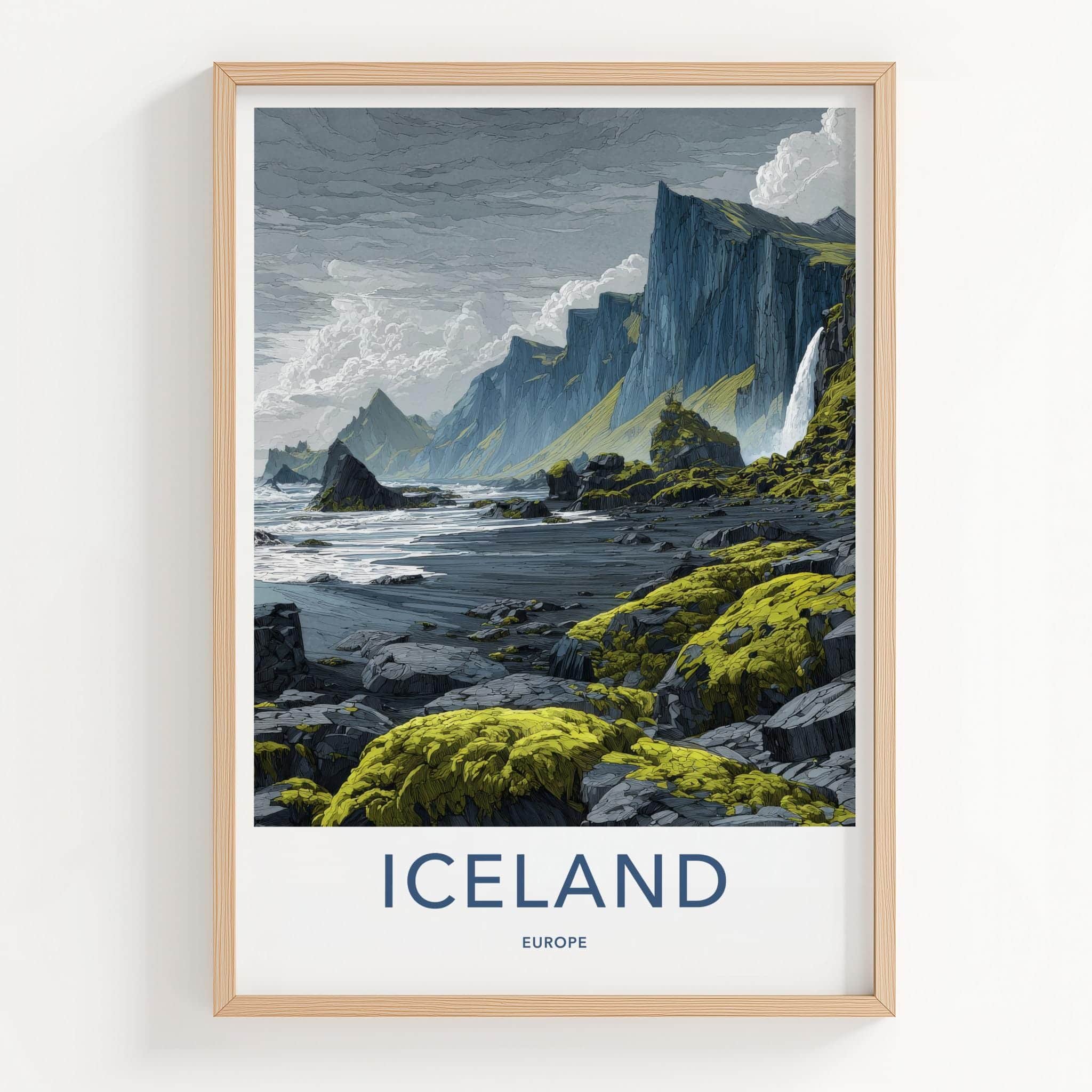 Iceland Poster - Iceland Travel Art - Dramatic Coast Waterfall Home Decor