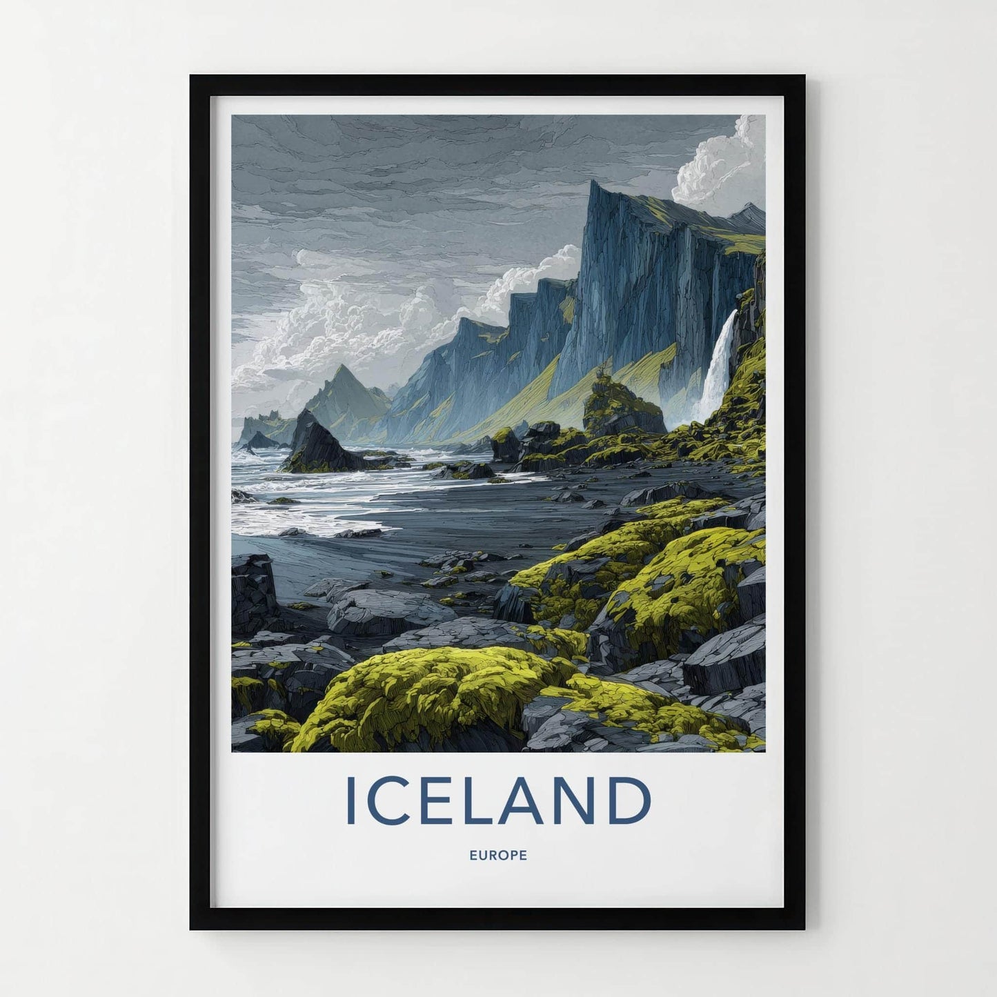 Iceland Poster - Iceland Travel Art - Dramatic Coast Waterfall Home Decor