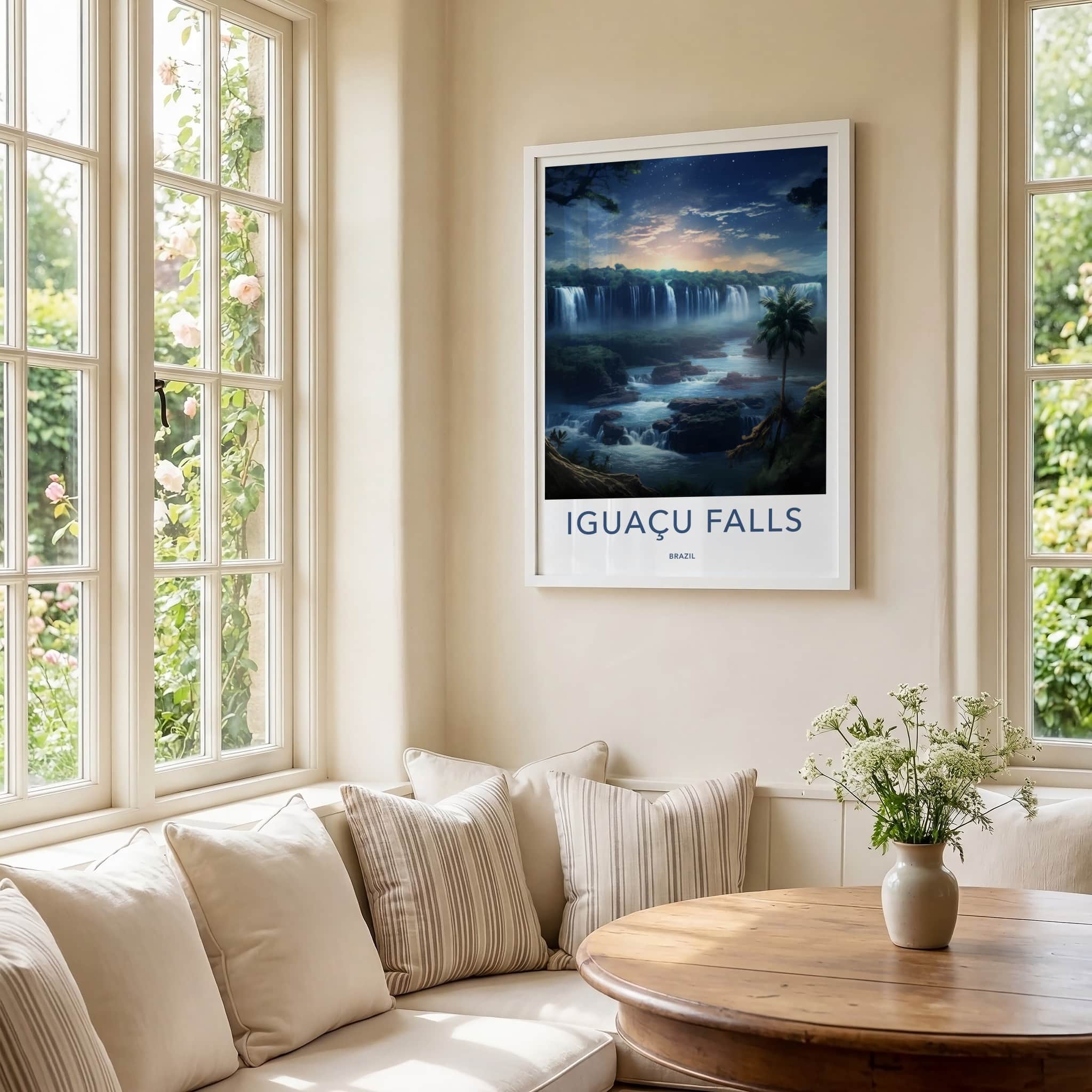 Iguacu Falls Poster - Brazil Travel Art - Tropical Waterfall Scene Wall Decor