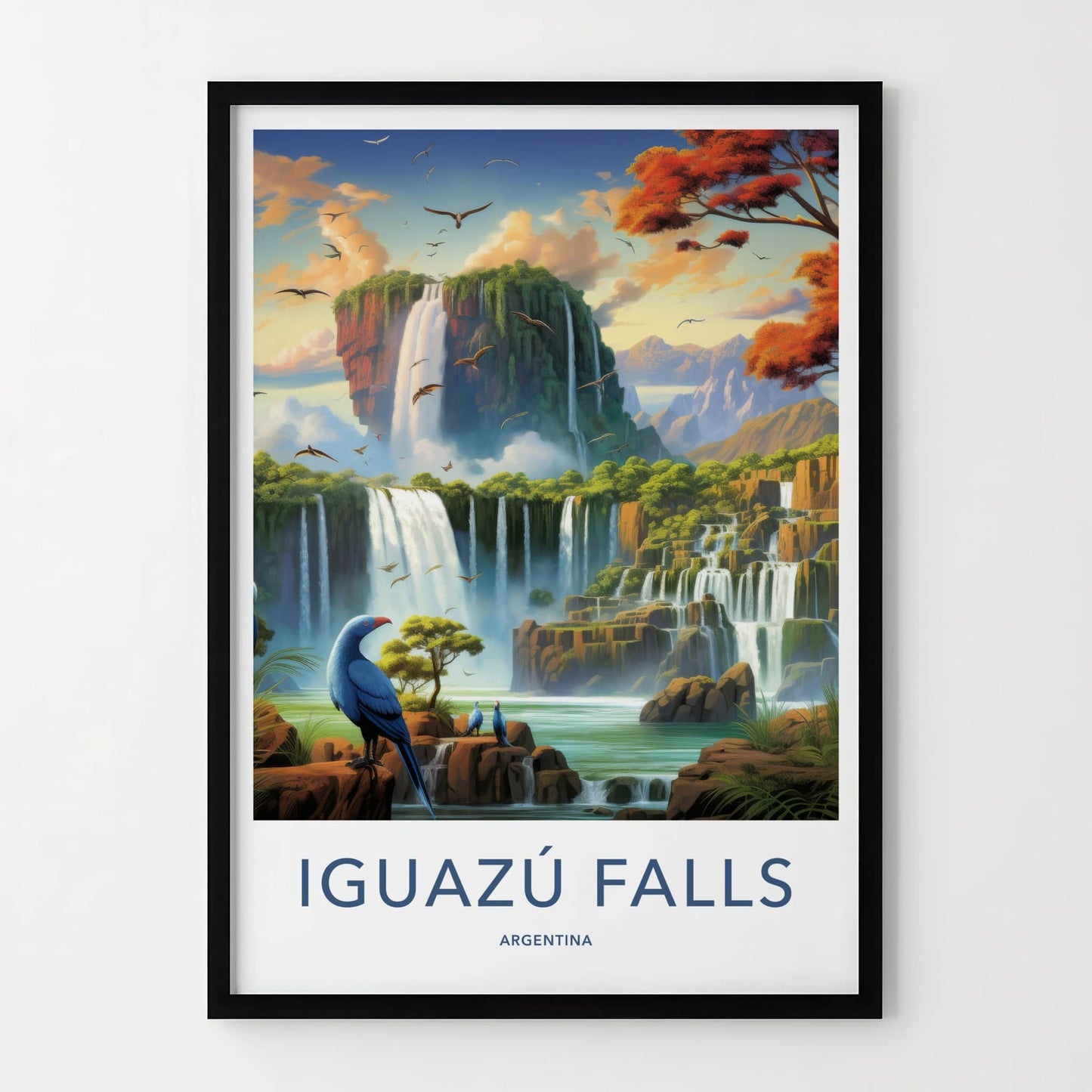Iguazu Falls Poster - Argentina Travel Art - Tropical Waterfall Birds Wall Decor