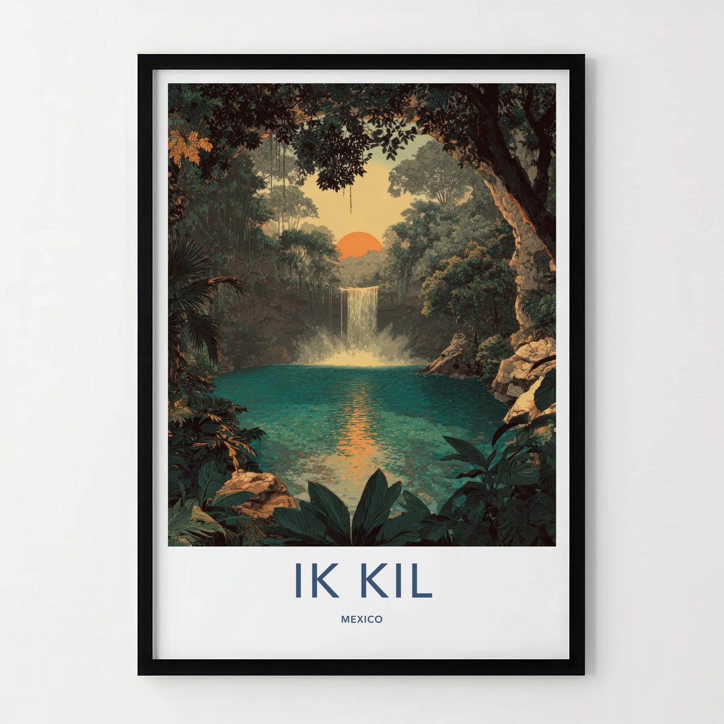 Ik Kil Poster - Mexico Travel Art - Cenote Waterfall Sunset Home Decor