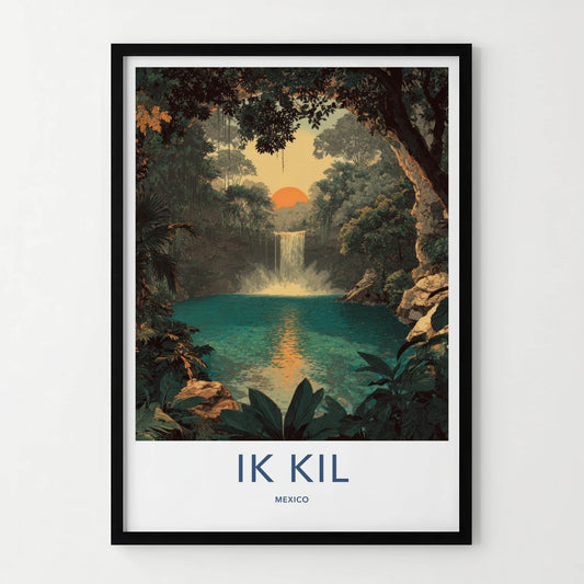 Ik Kil Poster - Mexico Travel Art - Cenote Waterfall Sunset Home Decor