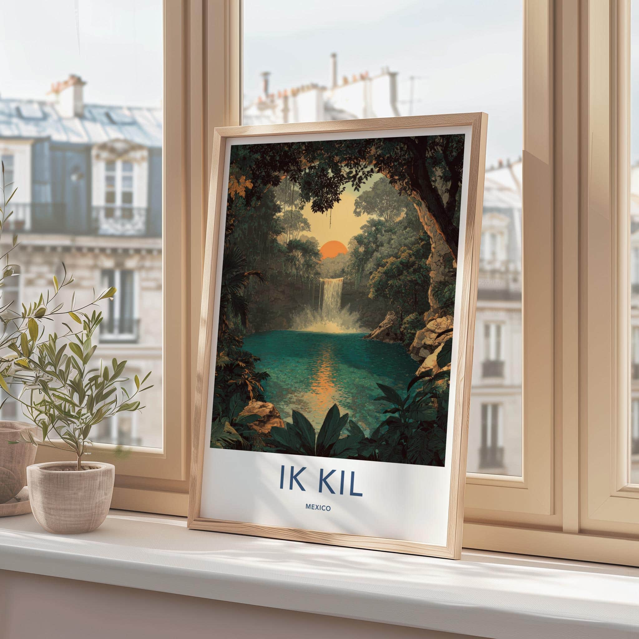 Ik Kil Poster - Mexico Travel Art - Cenote Waterfall Sunset Home Decor