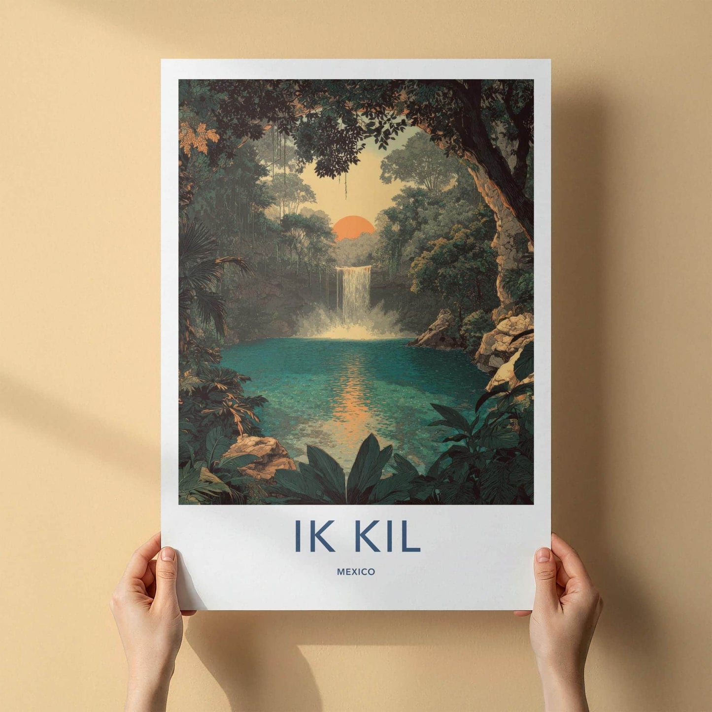 Ik Kil Poster - Mexico Travel Art - Cenote Waterfall Sunset Home Decor