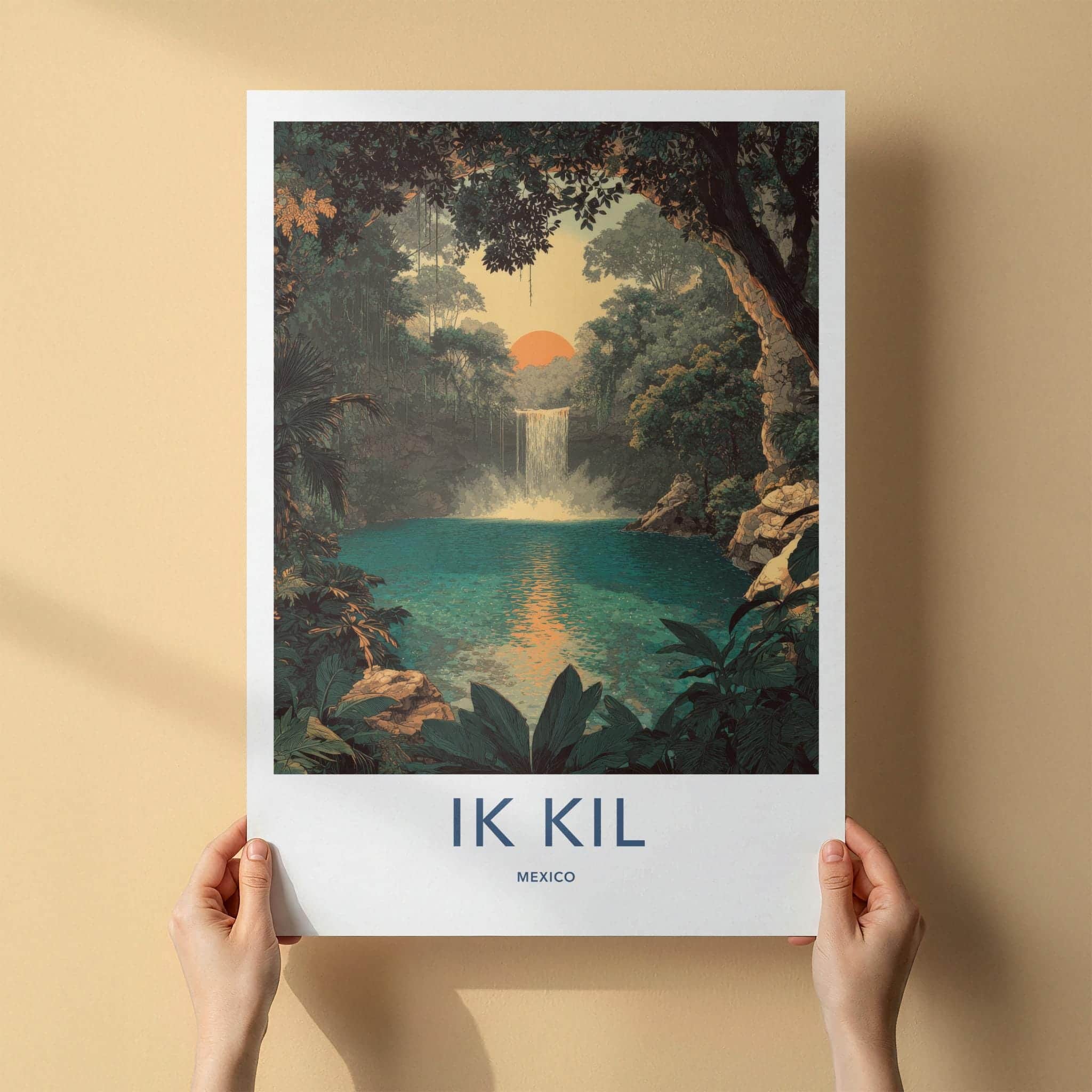 Ik Kil Poster - Mexico Travel Art - Cenote Waterfall Sunset Home Decor
