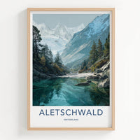 Aletschwald Poster - Switzerland Travel Illustration - Serene Lake Mountains Wall Decor