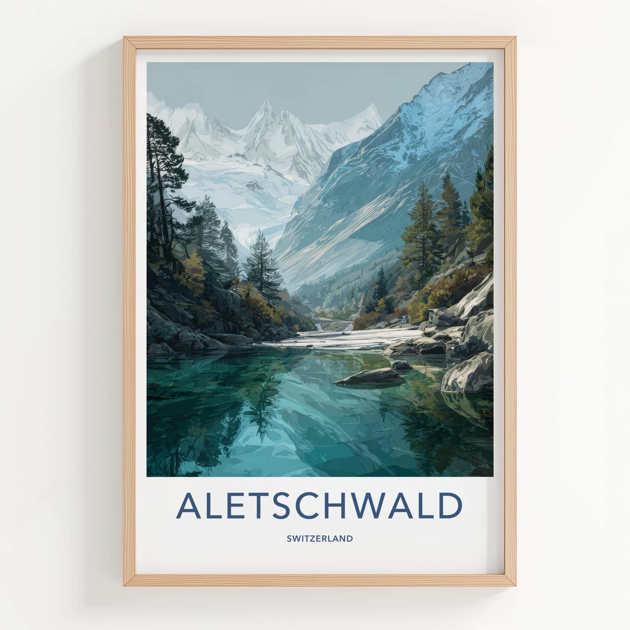 Aletschwald Poster - Switzerland Travel Illustration - Serene Lake Mountains Wall Decor