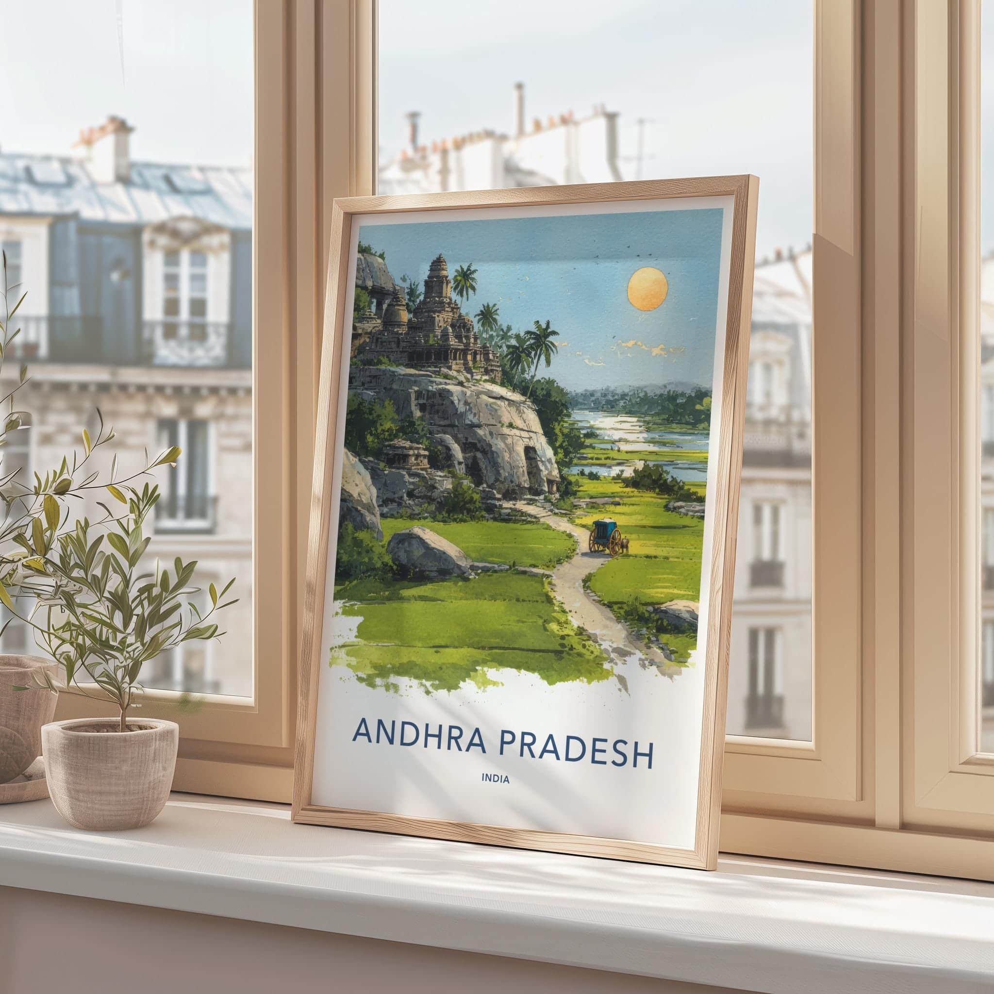 Andhra Pradesh Poster - India Travel Illustration - Riverside Temple Home Decor