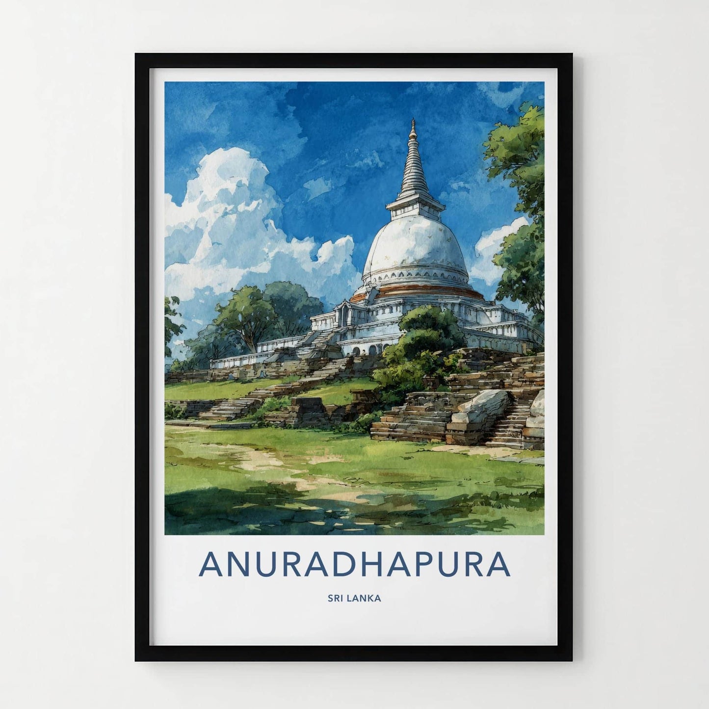 Anuradhapura Poster - Sri Lanka Travel Illustration - Ancient White Stupa Home Decor