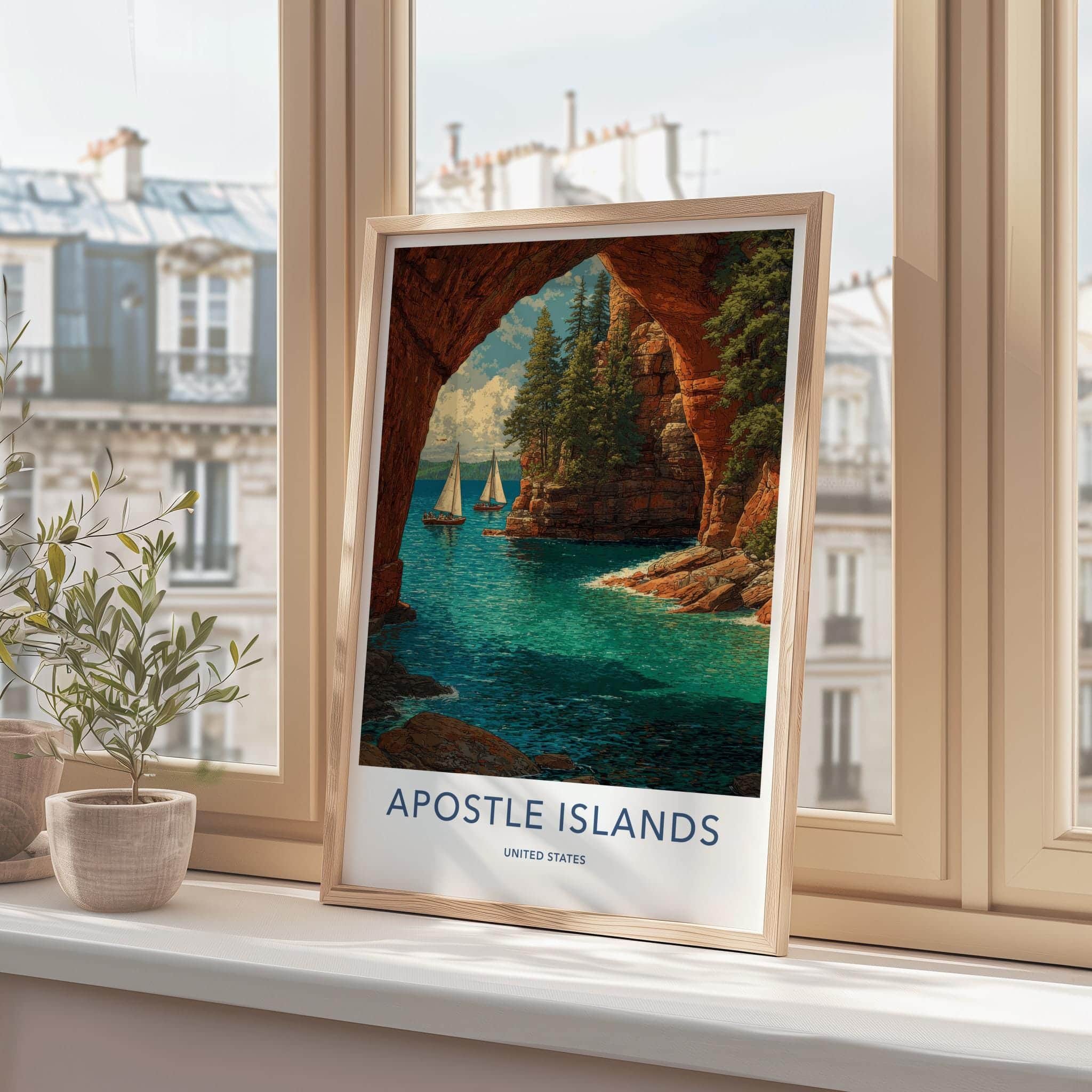 Apostle Islands Poster - Wisconsin Travel Art - Rocky Arch Sailboats Travel Decor