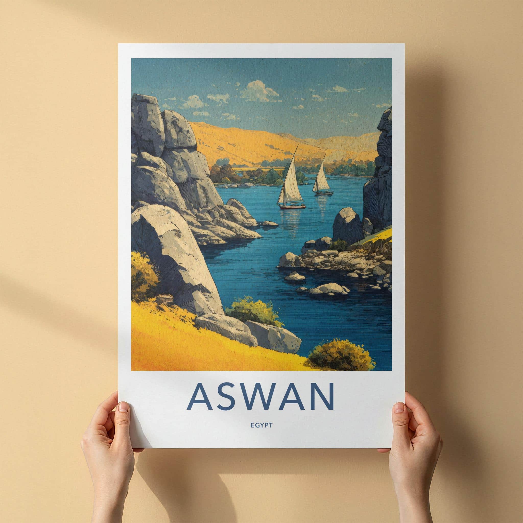 Aswan Poster - Egypt Travel Print - Nile Sailboats Home Decor