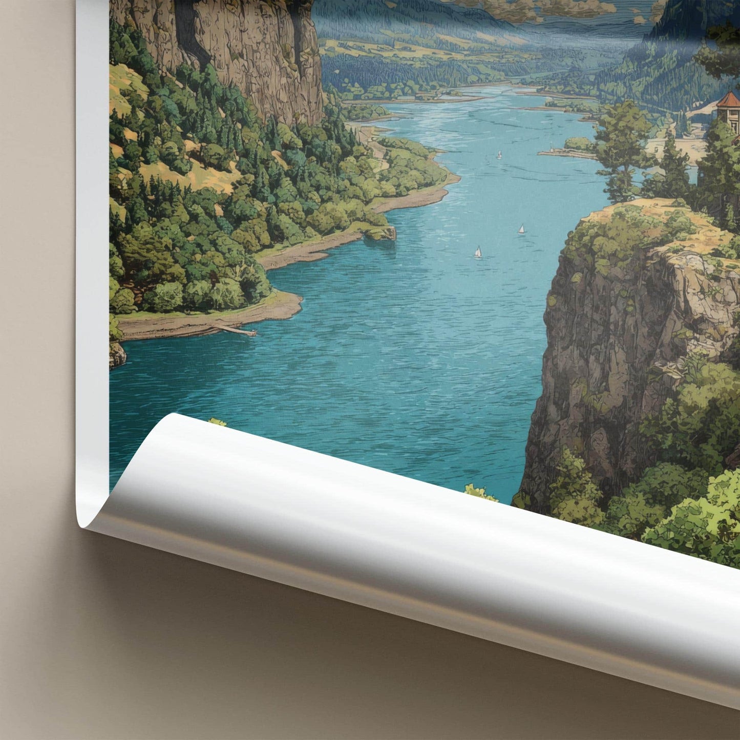 Columbia River Poster - Washington Travel Art - Forested Cliff River Home Decor