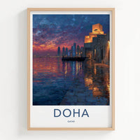 Doha Poster - Qatar Travel Art - Dusk Waterfront Skyline Home Decor